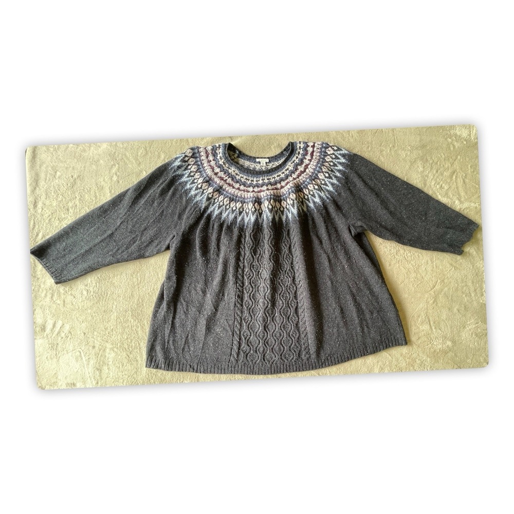 J Jill Fair Isle Sweater Womens 4X Gray Nordic Cable Knit Tunic Top